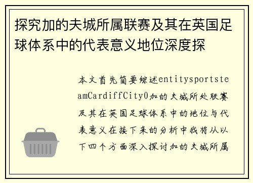 探究加的夫城所属联赛及其在英国足球体系中的代表意义地位深度探 探究加的夫城所属联赛及其在英国足球体系中的代表意义地位深度探